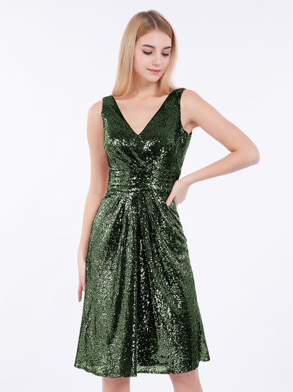Arlene Escote En V Corto Lentejuelas Encaje Vestido Verde Oliva Tallas Grandes