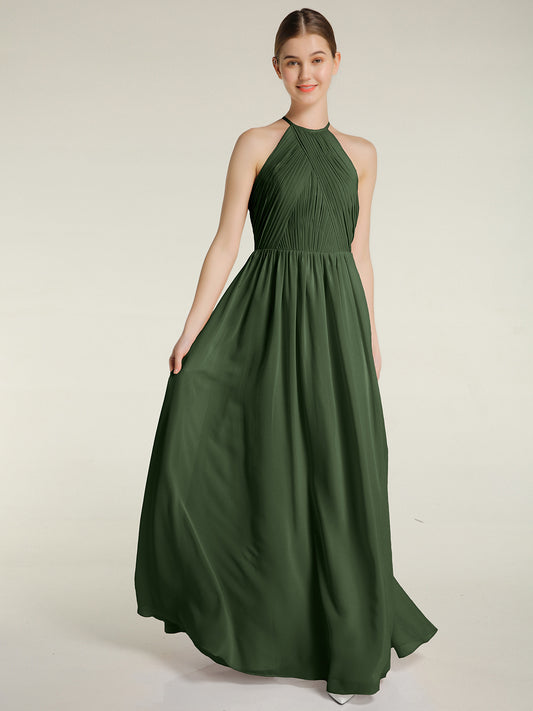 Vestidos de chiffon estilo halter con cuerpo plisado Verde Oliva