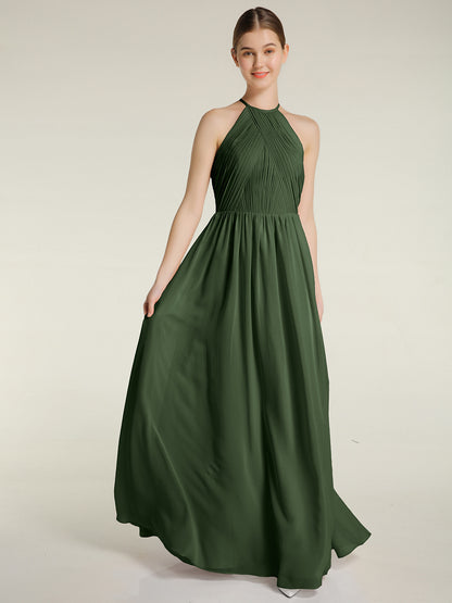 Vestidos de chiffon estilo halter con cuerpo plisado Verde Oliva Tallas Grandes
