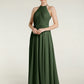 Vestidos de chiffon estilo halter con cuerpo plisado Verde Oliva Tallas Grandes