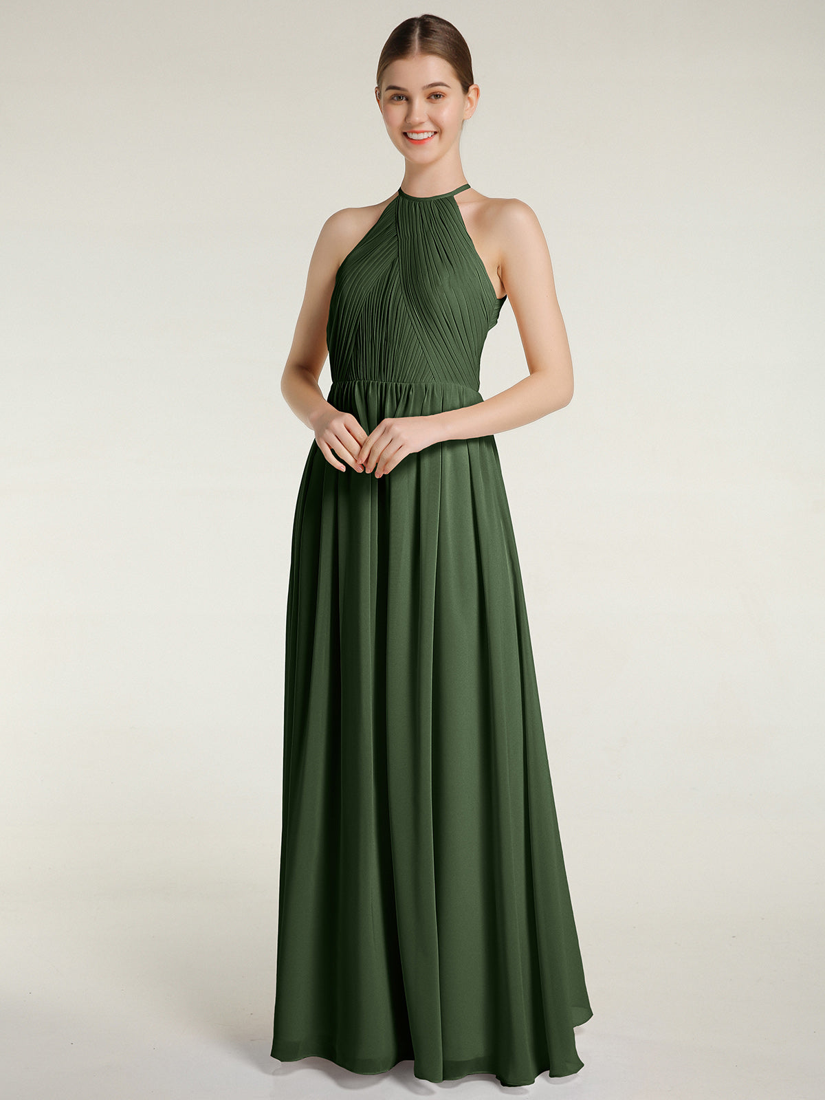 Vestidos de chiffon estilo halter con cuerpo plisado Verde Oliva Tallas Grandes