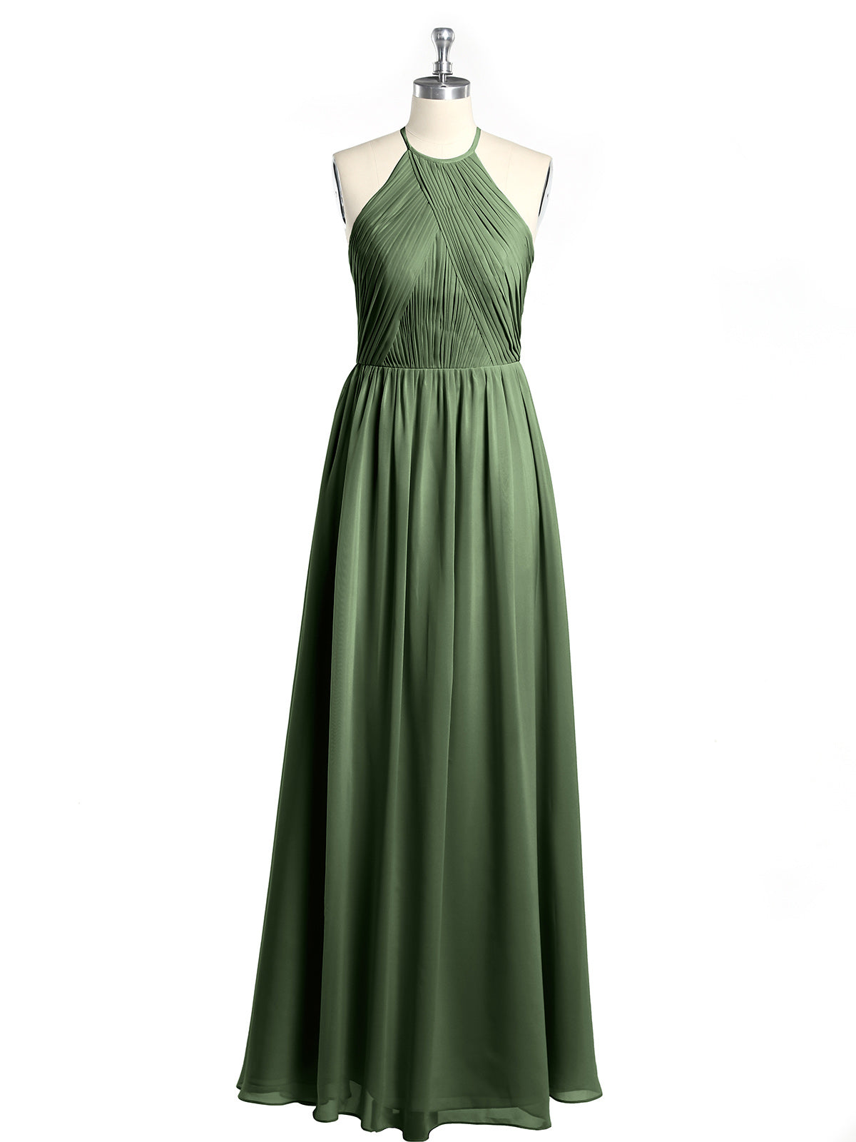 Vestidos de chiffon estilo halter con cuerpo plisado Verde Oliva Tallas Grandes