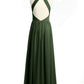Vestidos de chiffon estilo halter con cuerpo plisado Verde Oliva Tallas Grandes