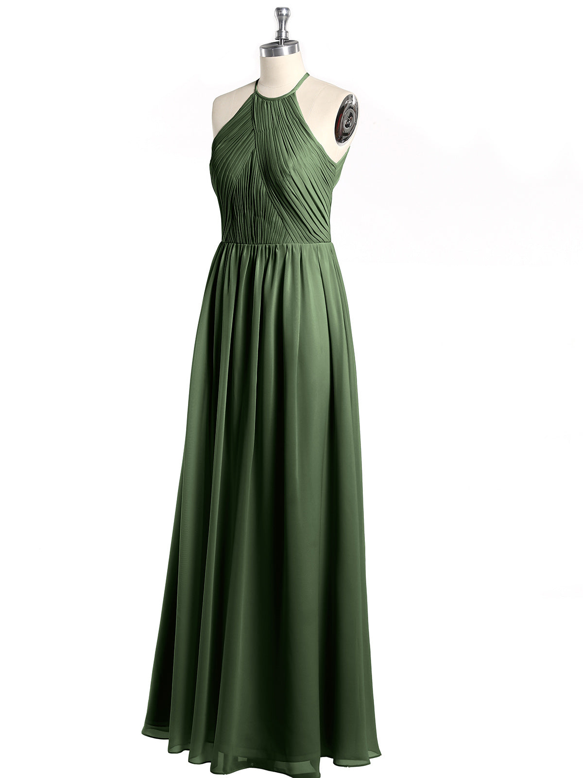 Vestidos de chiffon estilo halter con cuerpo plisado Verde Oliva Tallas Grandes