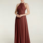 Vestidos de chiffon estilo halter con cuerpo plisado Terracota Tallas Grandes
