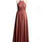 Vestidos de chiffon estilo halter con cuerpo plisado Terracota Tallas Grandes