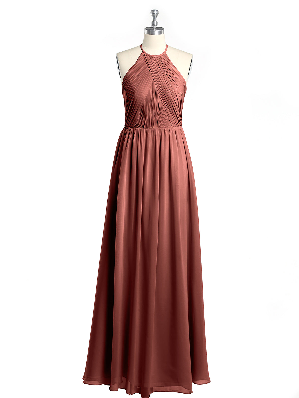 Vestidos de chiffon estilo halter con cuerpo plisado Terracota Tallas Grandes