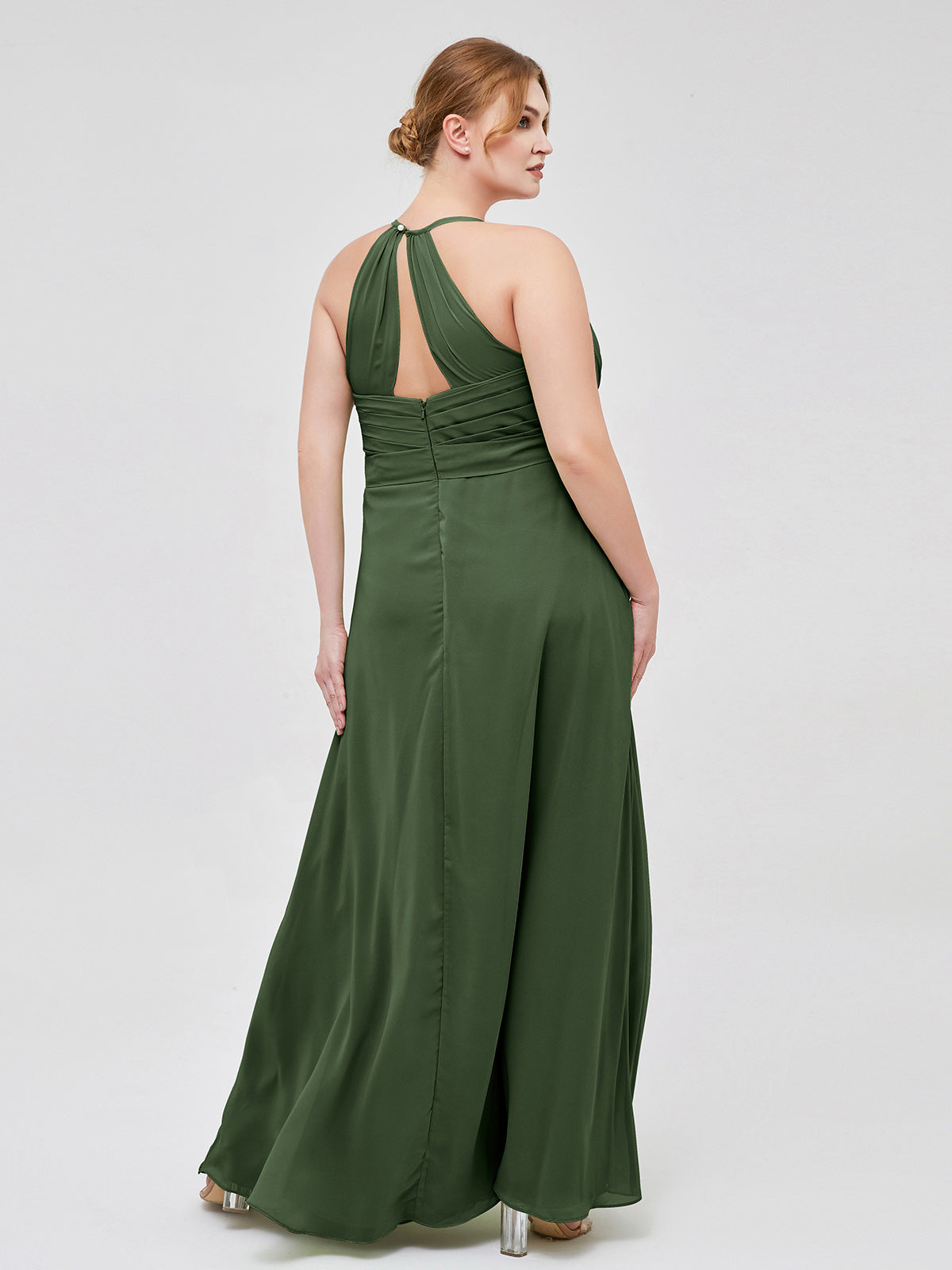 Vestido elegante de dama de honor con tirantes finos y escote en V Verde Oliva Tallas Grandes