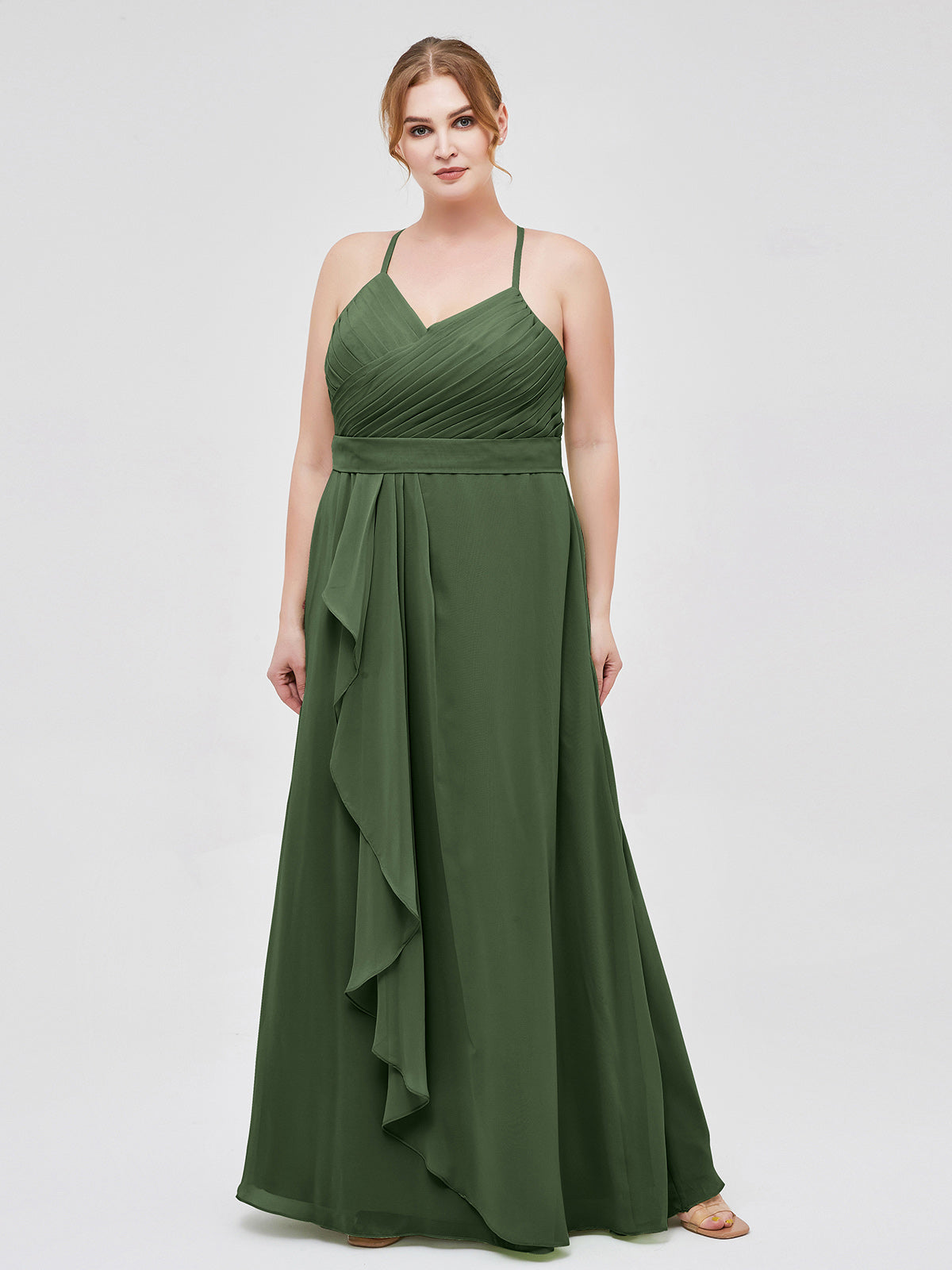 Vestido elegante de dama de honor con tirantes finos y escote en V Verde Oliva Tallas Grandes