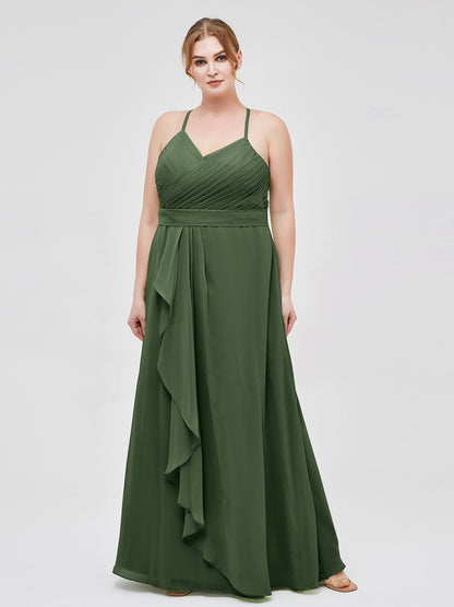 Vestido elegante de dama de honor con tirantes finos y escote en V Verde Oliva Tallas Grandes