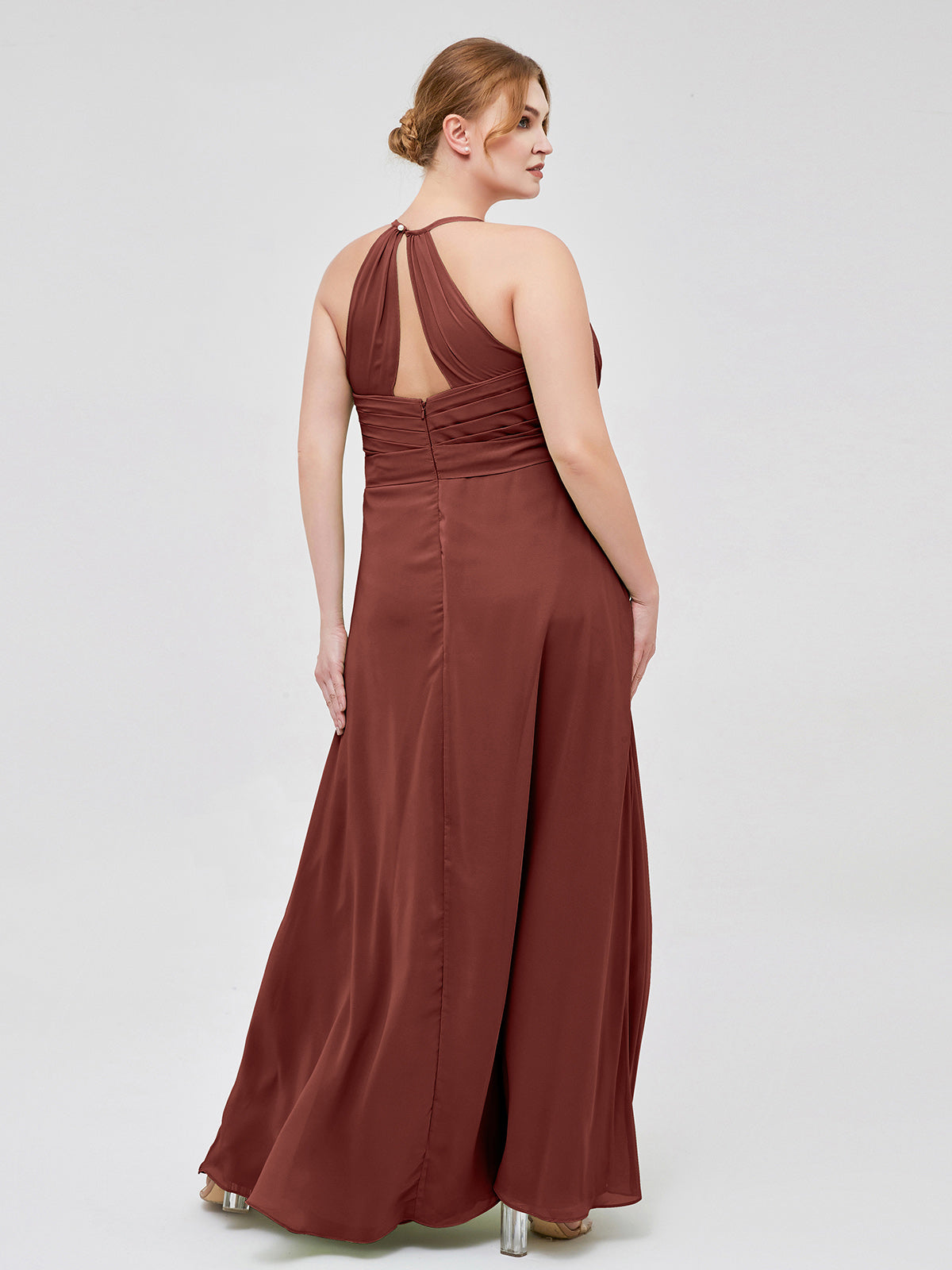 Vestido elegante de dama de honor con tirantes finos y escote en V Terracota Tallas Grandes