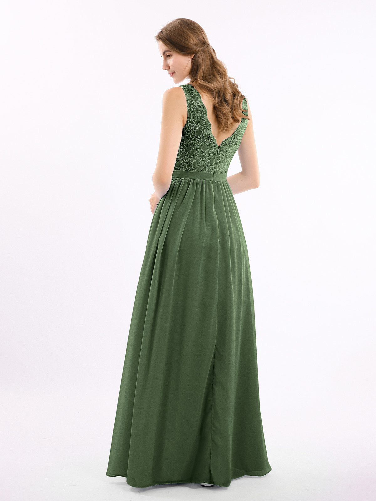 Vestidos largos con la parte superior de encaje y la parte inferior de chiffon Verde Oliva