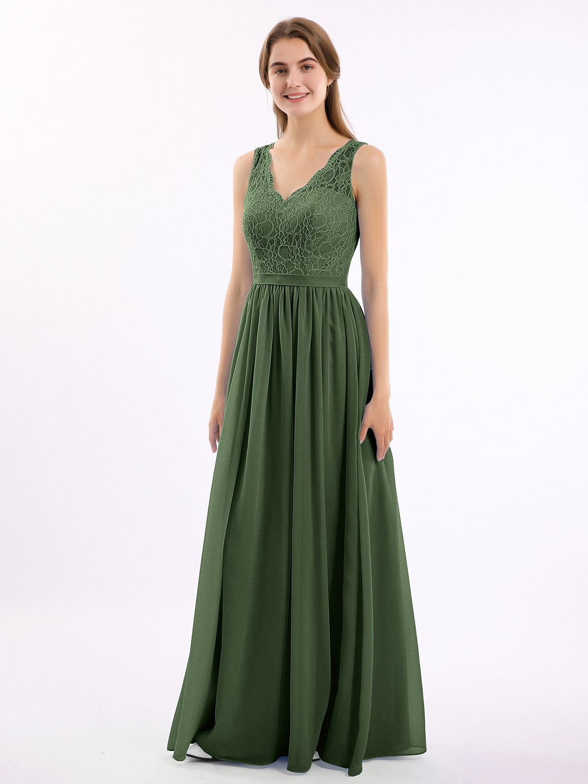 Vestidos largos con la parte superior de encaje y la parte inferior de chiffon Verde Oliva