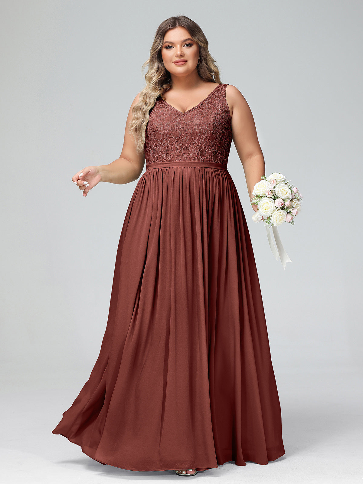 Vestidos largos con la parte superior de encaje y la parte inferior de chiffon Terracota Tallas Grandes