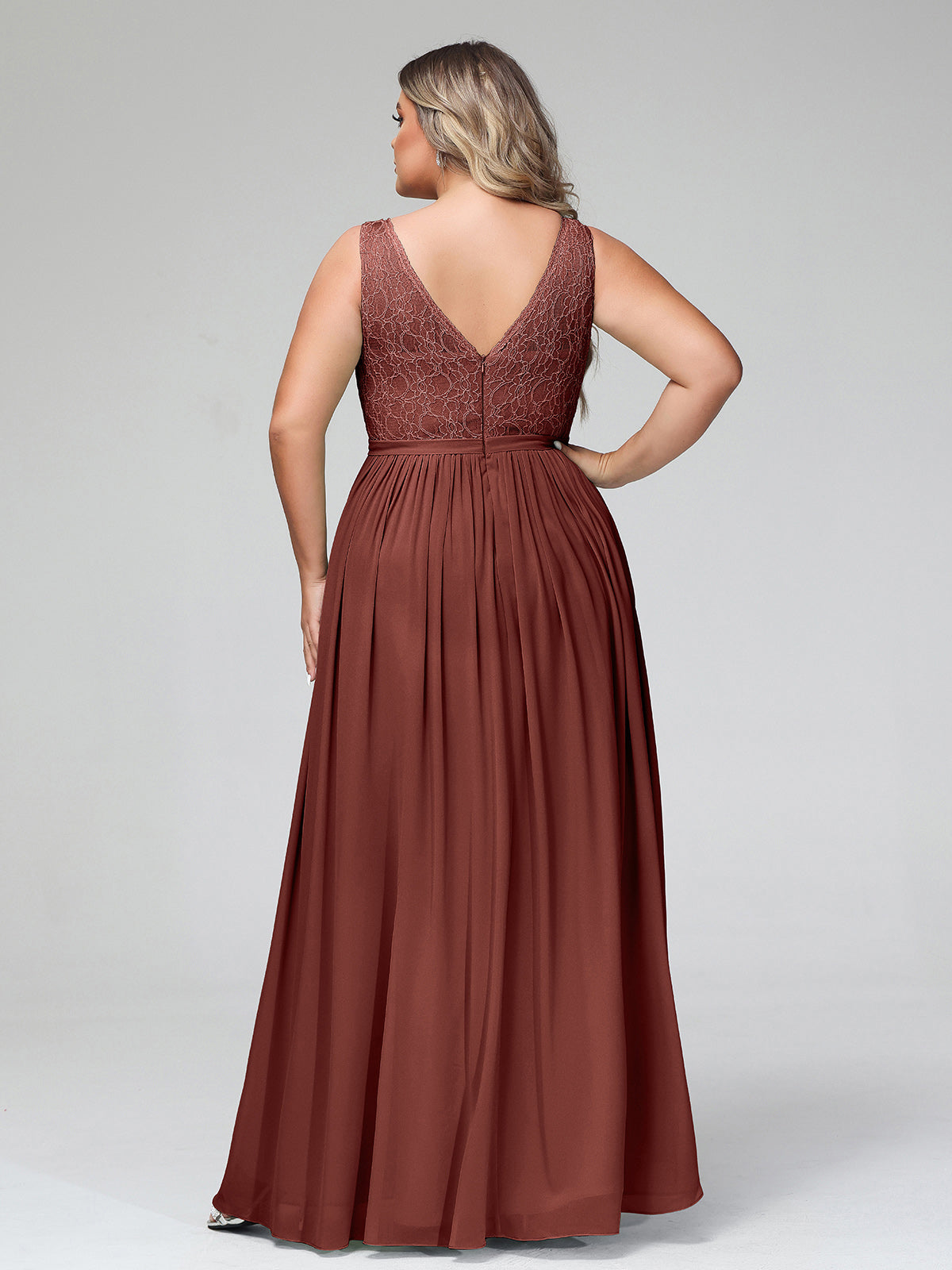 Vestidos largos con la parte superior de encaje y la parte inferior de chiffon Terracota Tallas Grandes