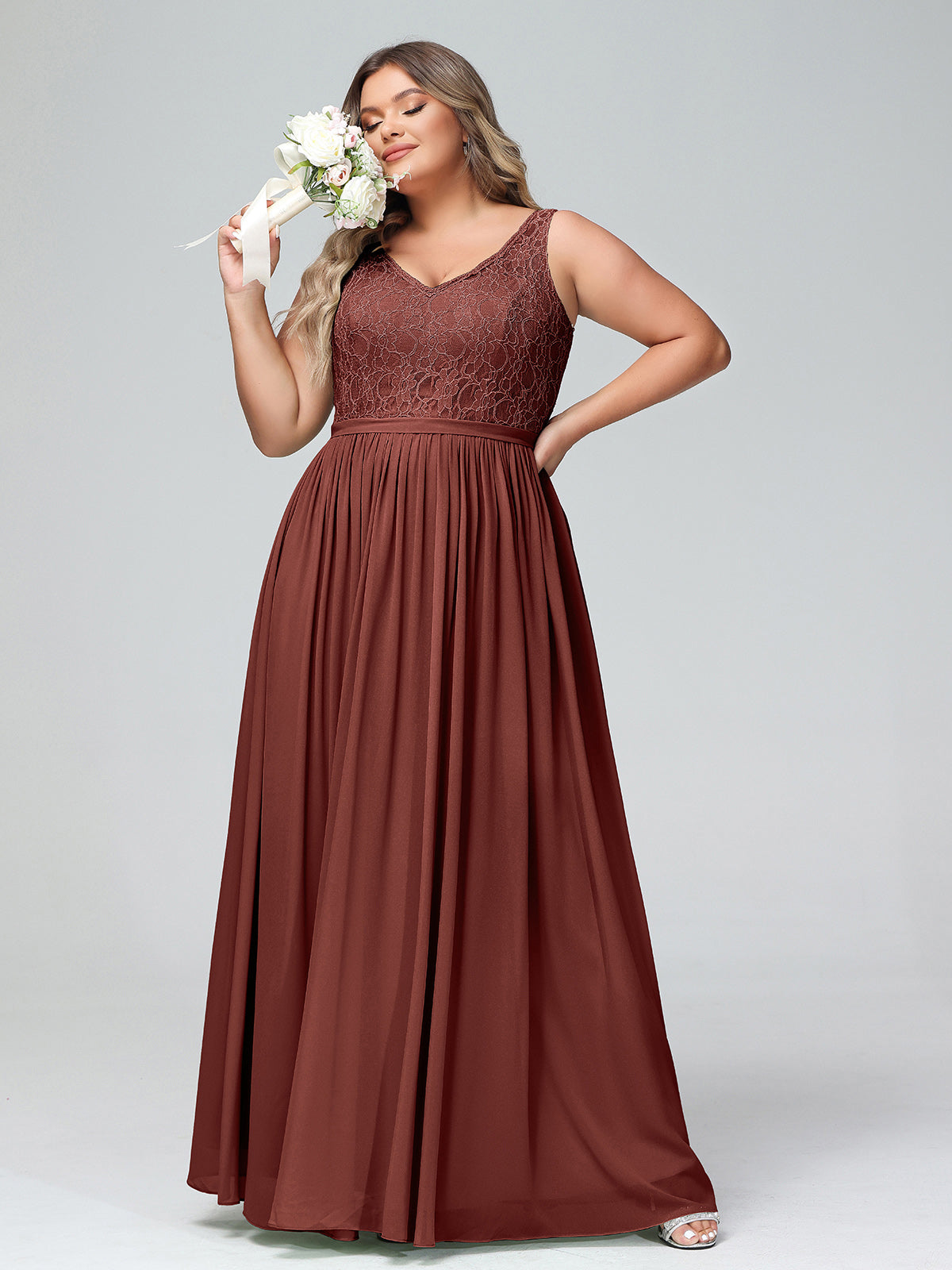 Vestidos largos con la parte superior de encaje y la parte inferior de chiffon Terracota Tallas Grandes