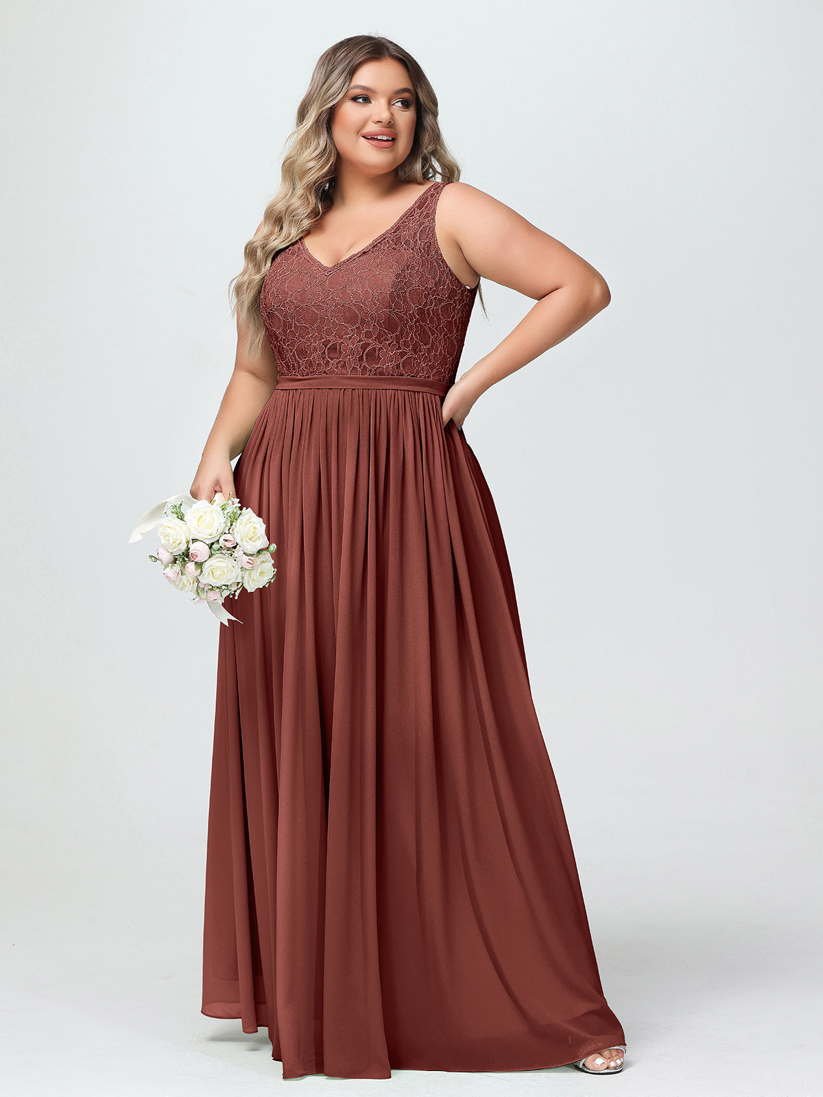 Vestidos largos con la parte superior de encaje y la parte inferior de chiffon Terracota Tallas Grandes