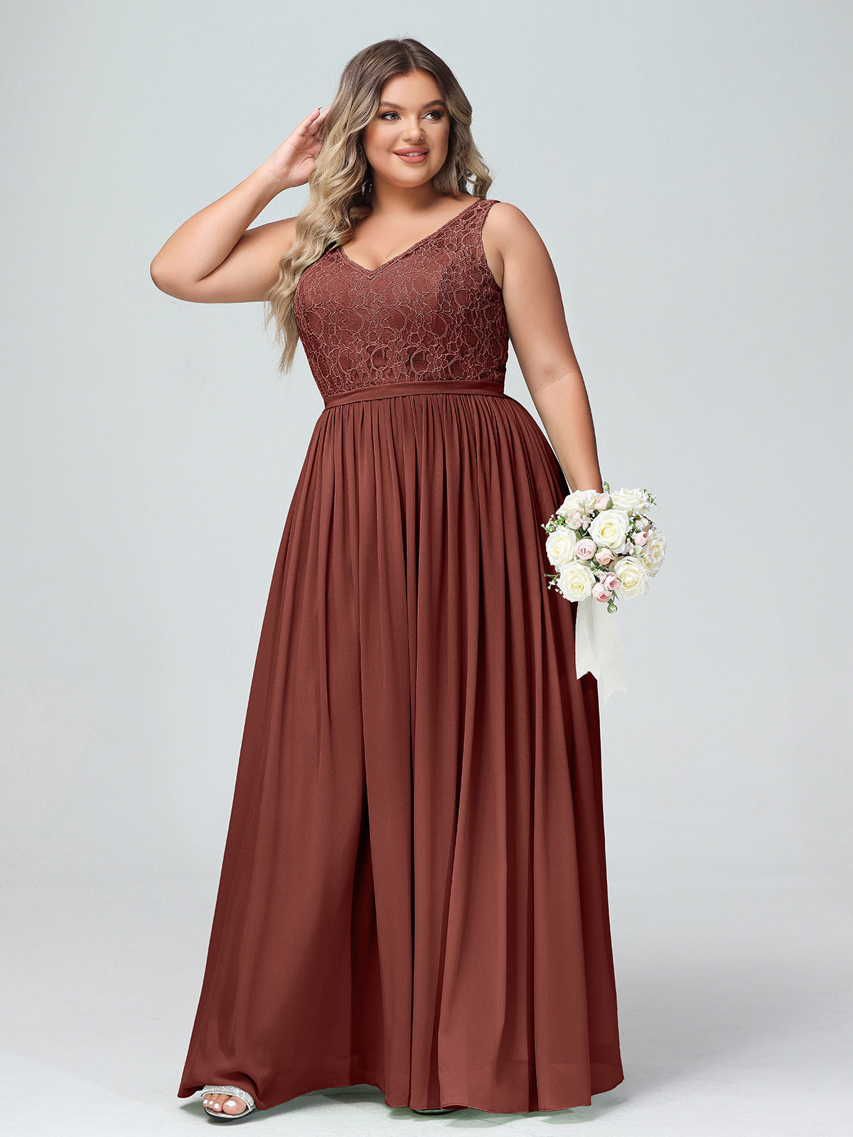 Vestidos largos con la parte superior de encaje y la parte inferior de chiffon Terracota Tallas Grandes