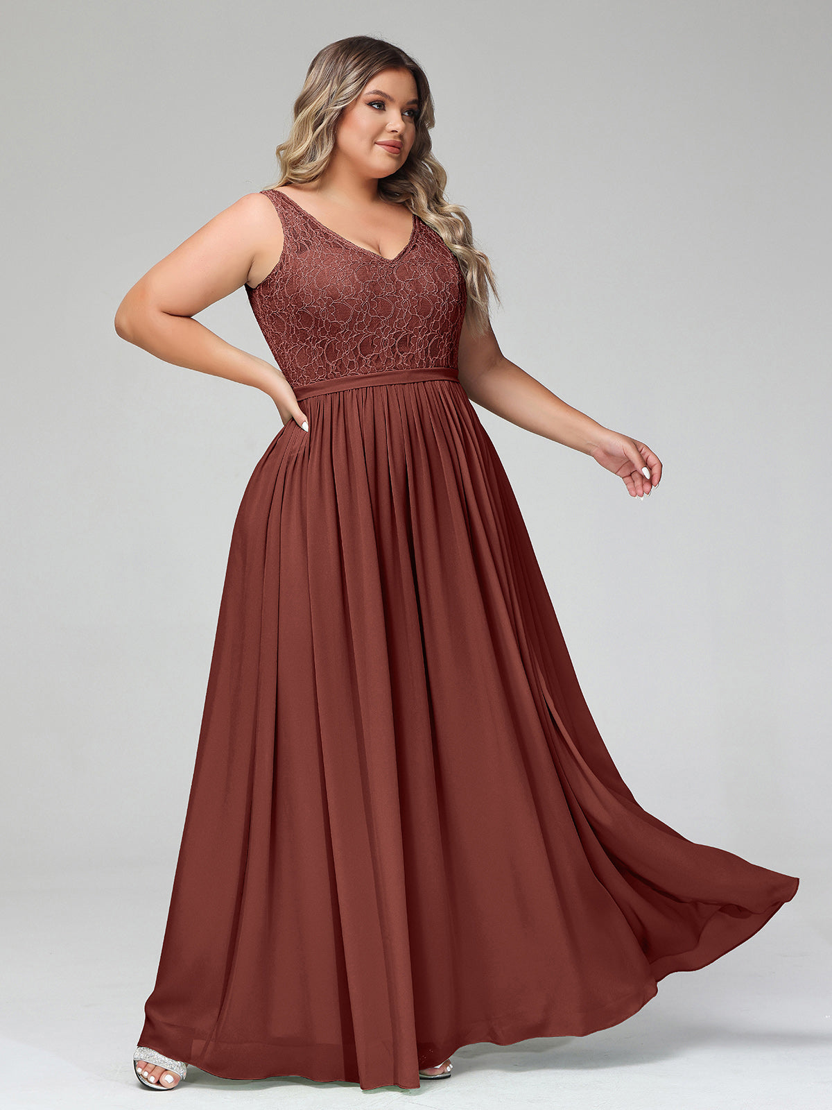 Vestidos largos con la parte superior de encaje y la parte inferior de chiffon Terracota Tallas Grandes