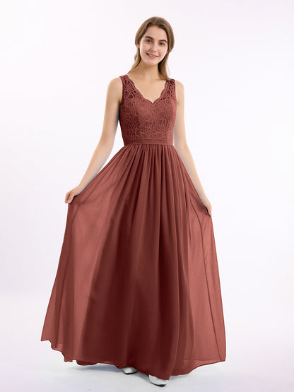 Vestidos largos con la parte superior de encaje y la parte inferior de chiffon Terracota