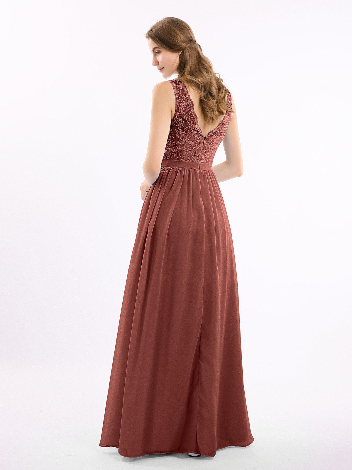 Vestidos largos con la parte superior de encaje y la parte inferior de chiffon Terracota