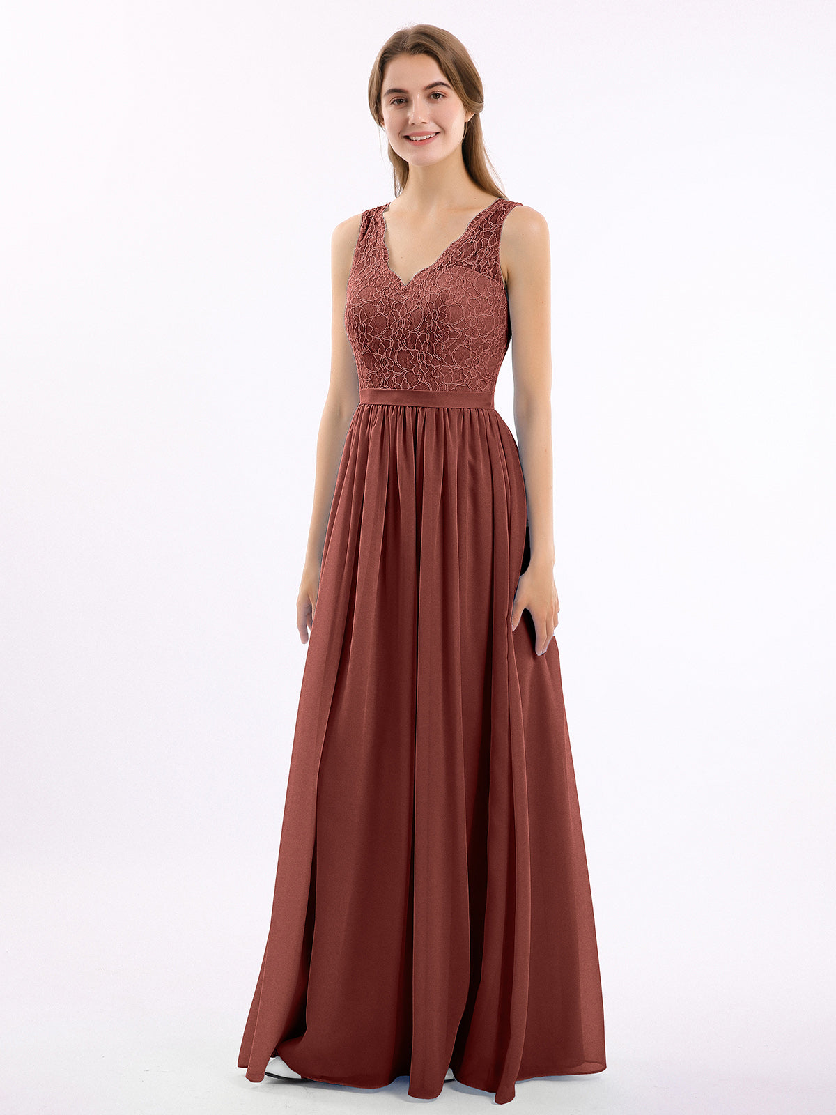 Vestidos largos con la parte superior de encaje y la parte inferior de chiffon Terracota