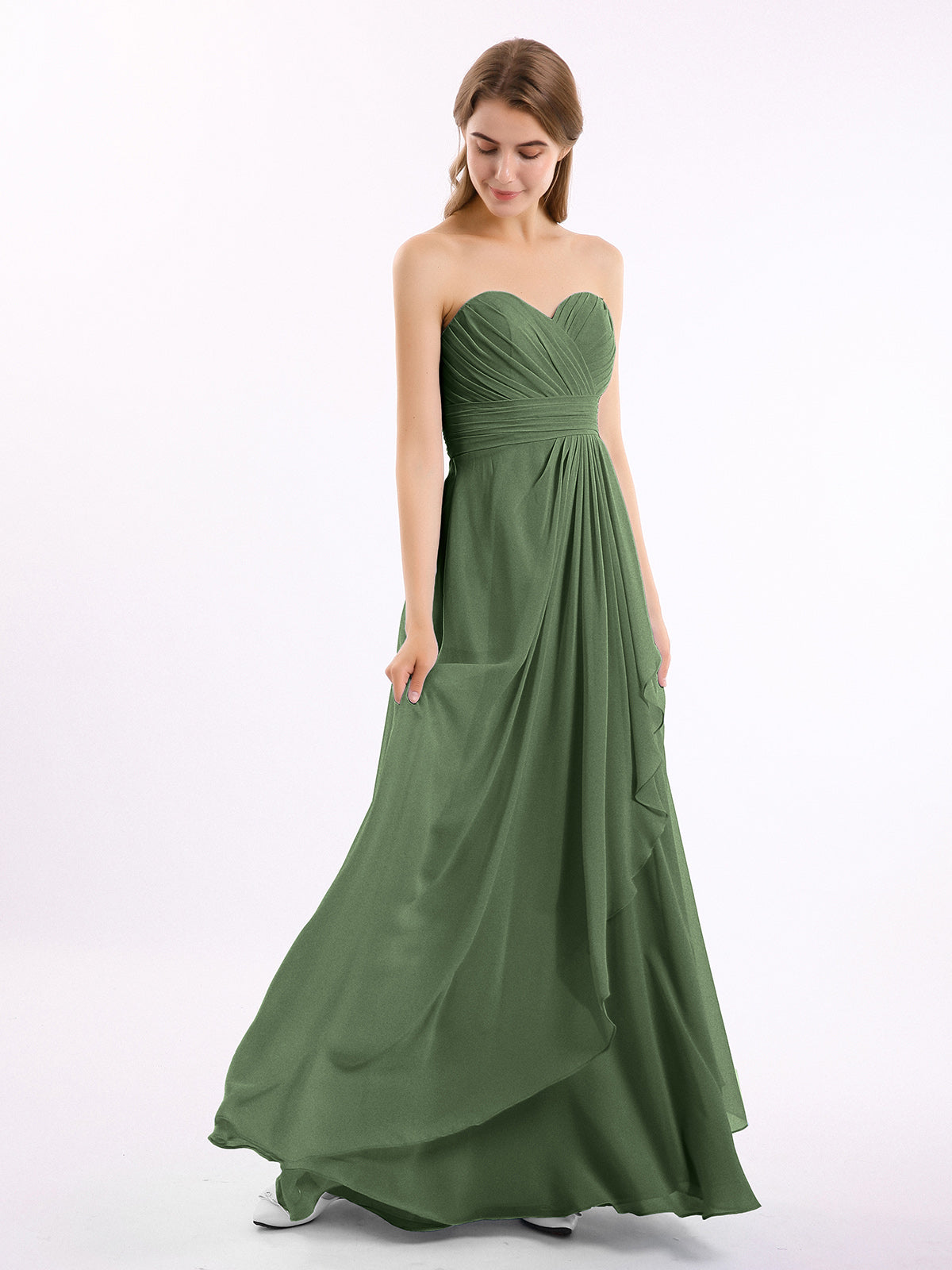 Vestidos de chiffon sin tirantes con escote en corazón Verde oliva Tallas Grandes