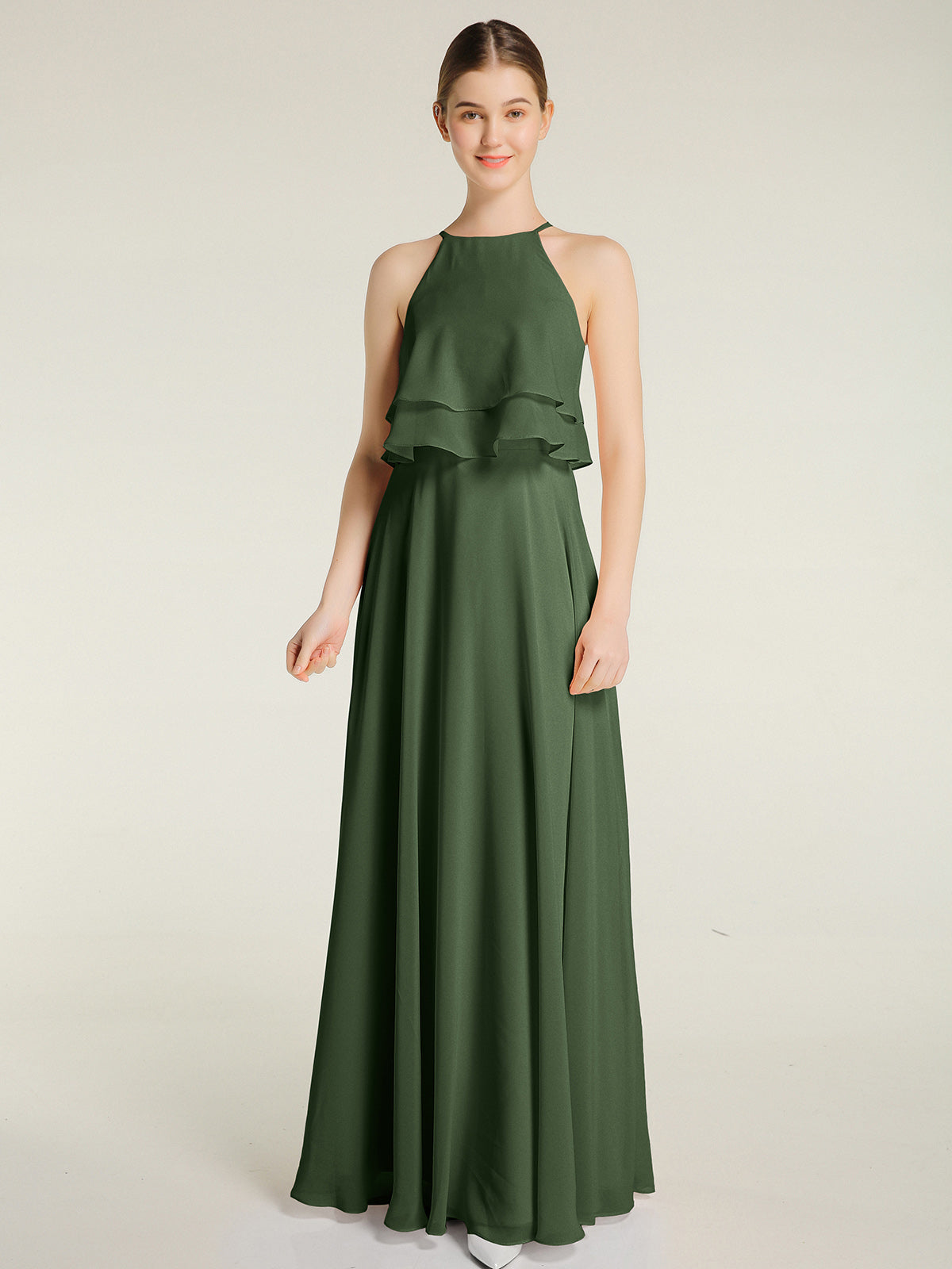 Vestidos de chiffon con cuerpo de dos capas de volantes Verde Oliva Tallas Grandes