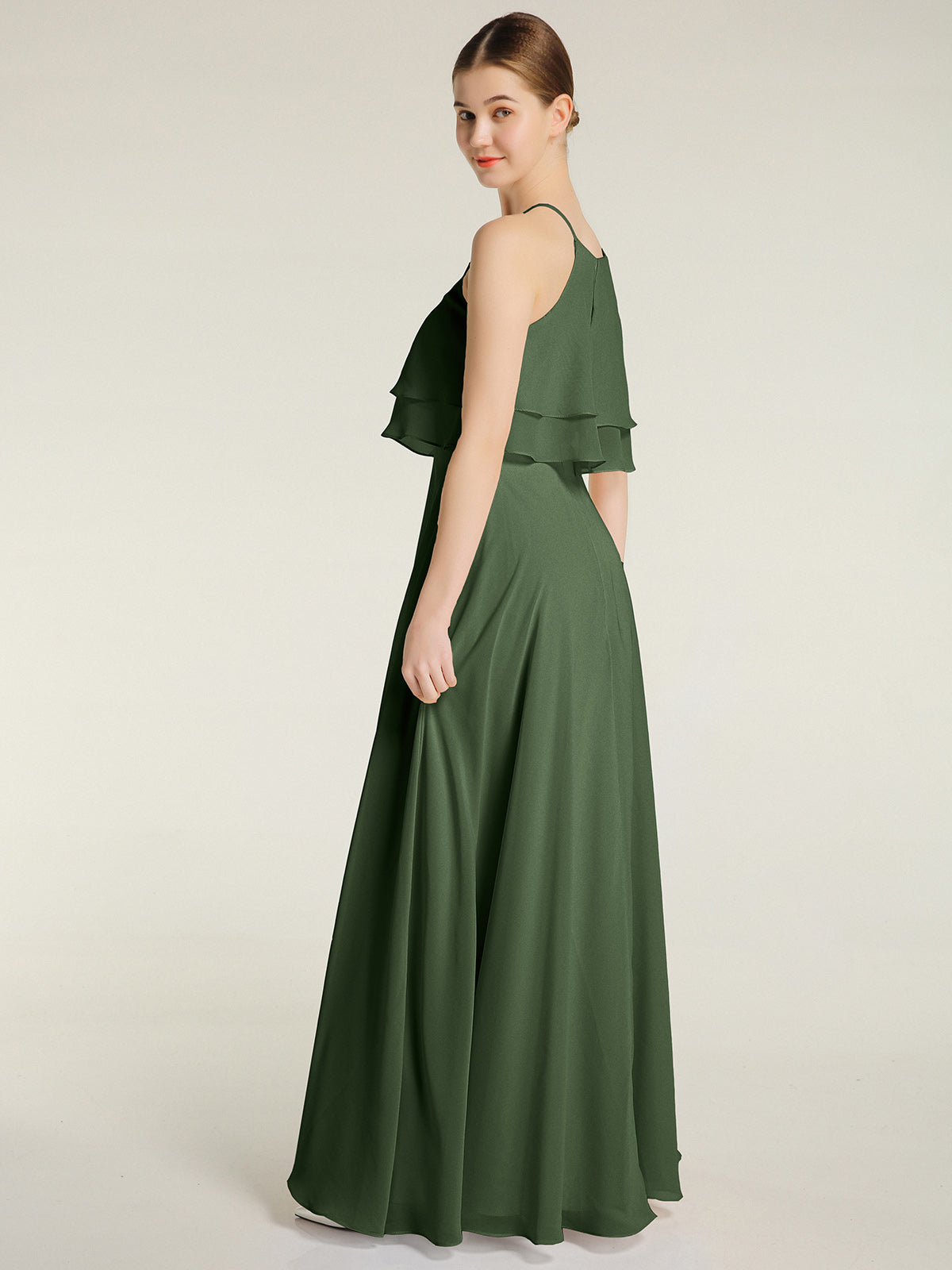 Vestidos de chiffon con cuerpo de dos capas de volantes Verde Oliva Tallas Grandes