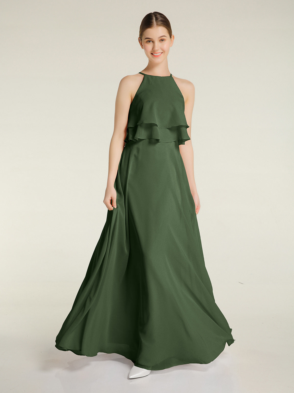 Vestidos de chiffon con cuerpo de dos capas de volantes Verde Oliva Tallas Grandes