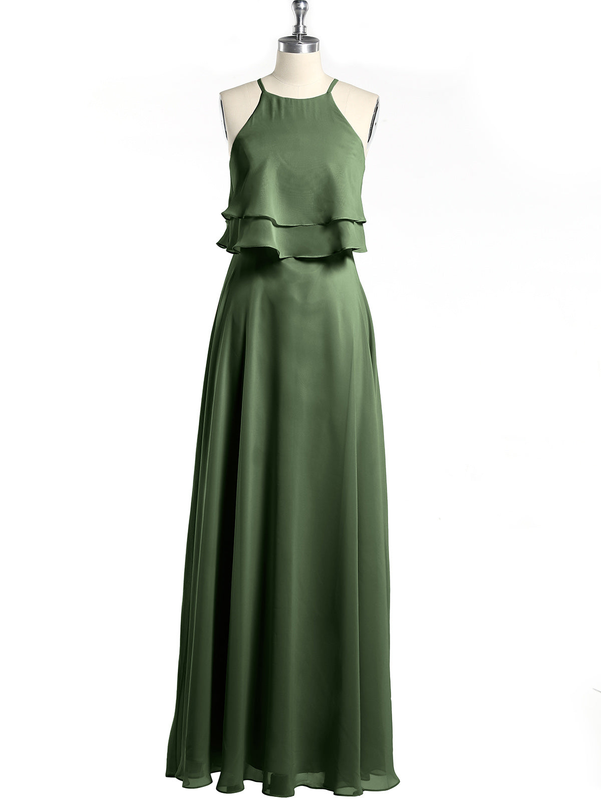 Vestidos de chiffon con cuerpo de dos capas de volantes Verde Oliva