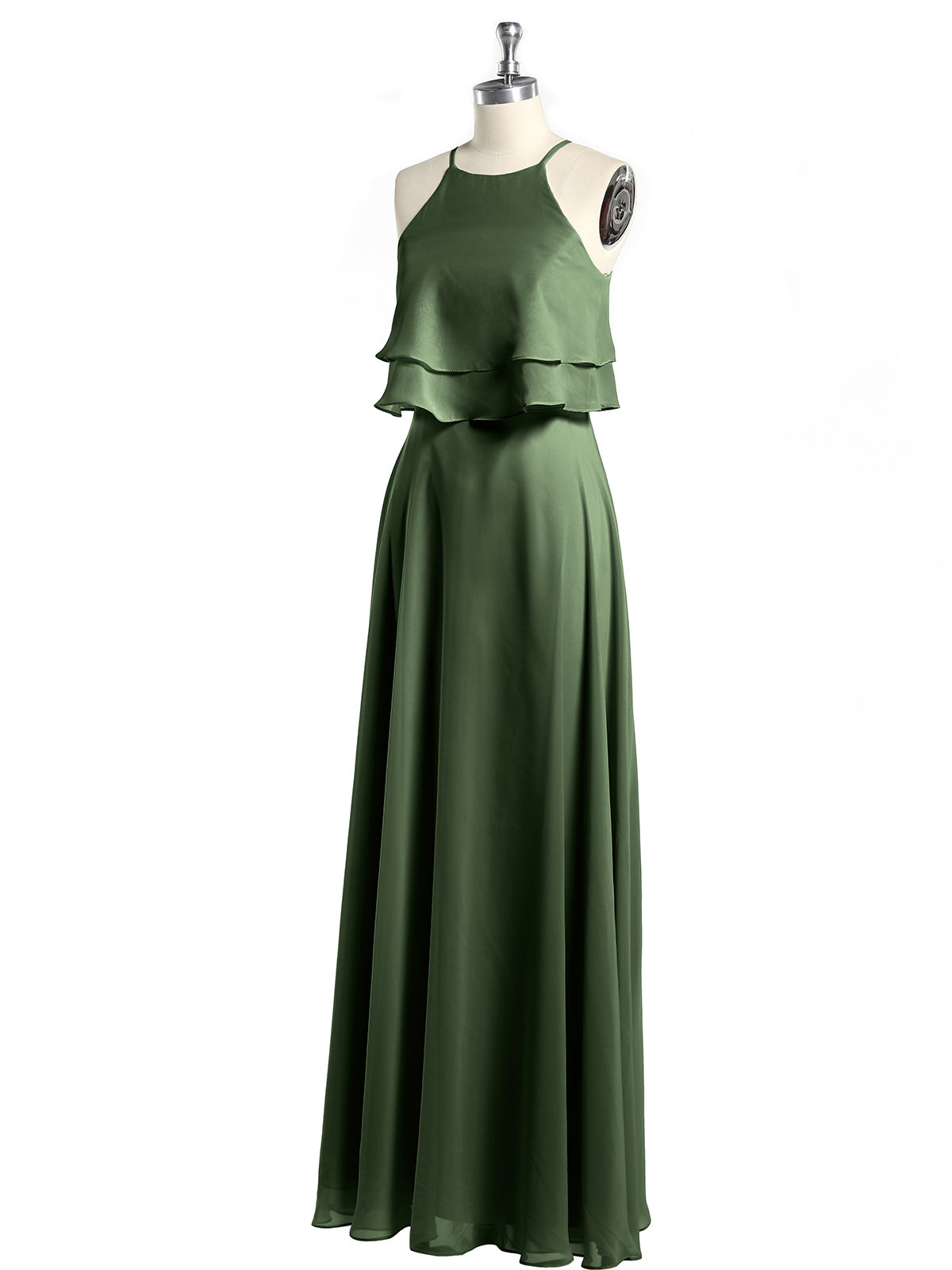 Vestidos de chiffon con cuerpo de dos capas de volantes Verde Oliva