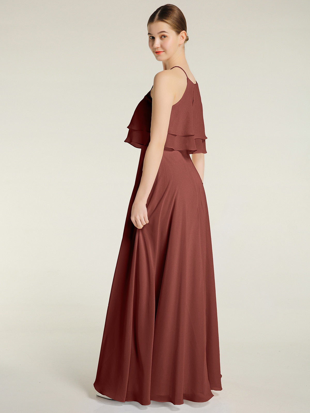 Vestidos de chiffon con cuerpo de dos capas de volantes Terracota Tallas Grandes