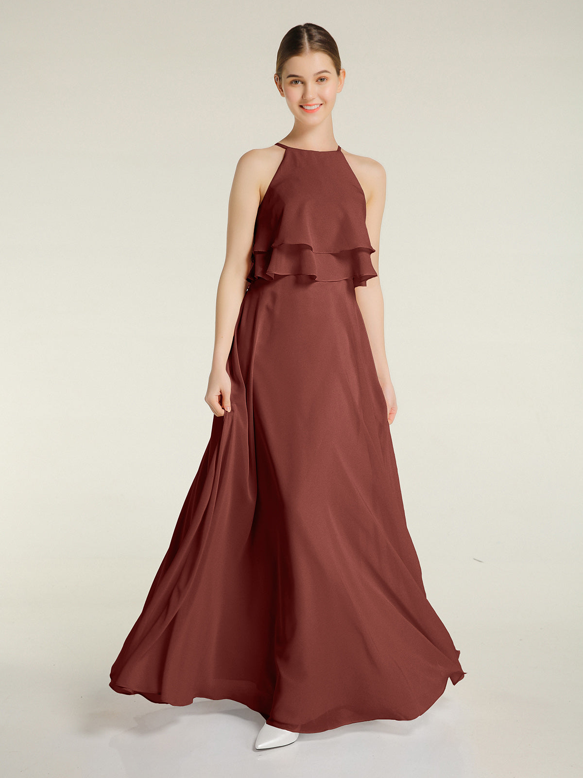 Vestidos de chiffon con cuerpo de dos capas de volantes Terracota