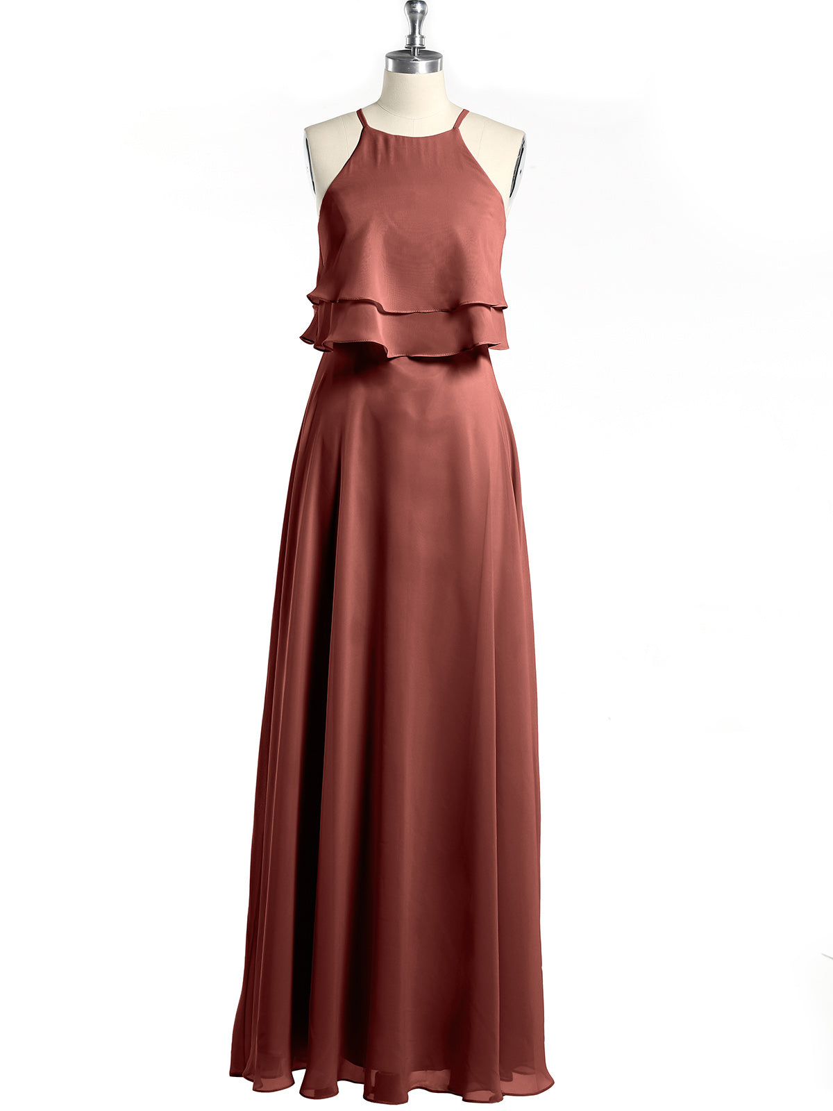 Vestidos de chiffon con cuerpo de dos capas de volantes Terracota Tallas Grandes