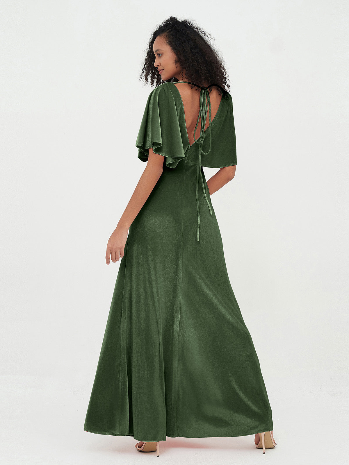 Vestidos largos de terciopelo de corte recto con mangas de volantes Verde Oliva Tallas Grandes