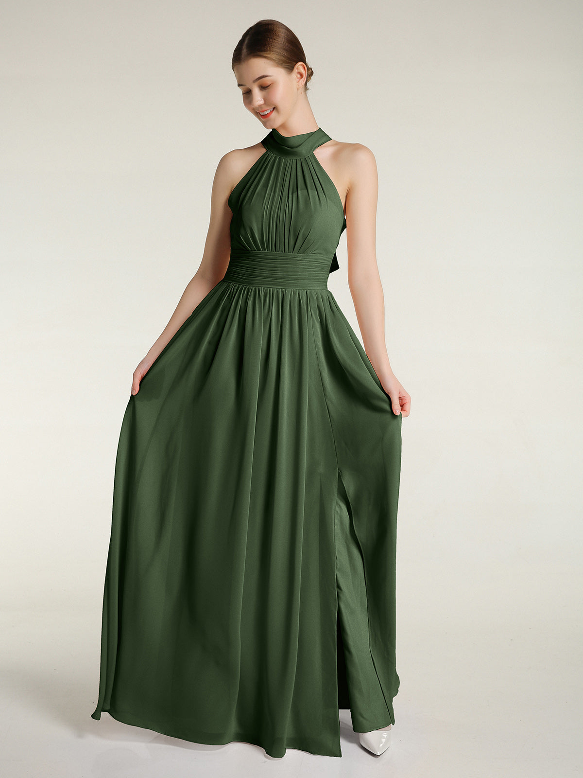 Vestidos de longitud completa con cuello alto y abertura Verde Oliva Tallas Grandes