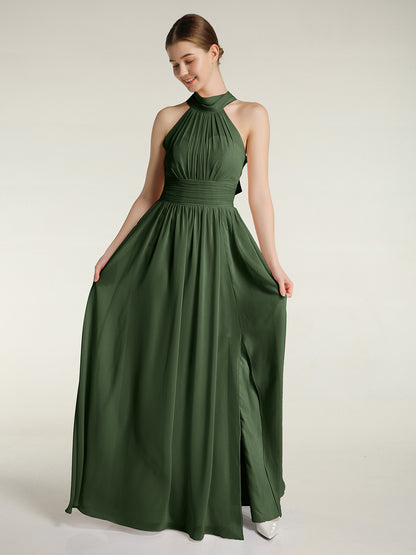 Vestidos de longitud completa con cuello alto y abertura Verde Oliva Tallas Grandes