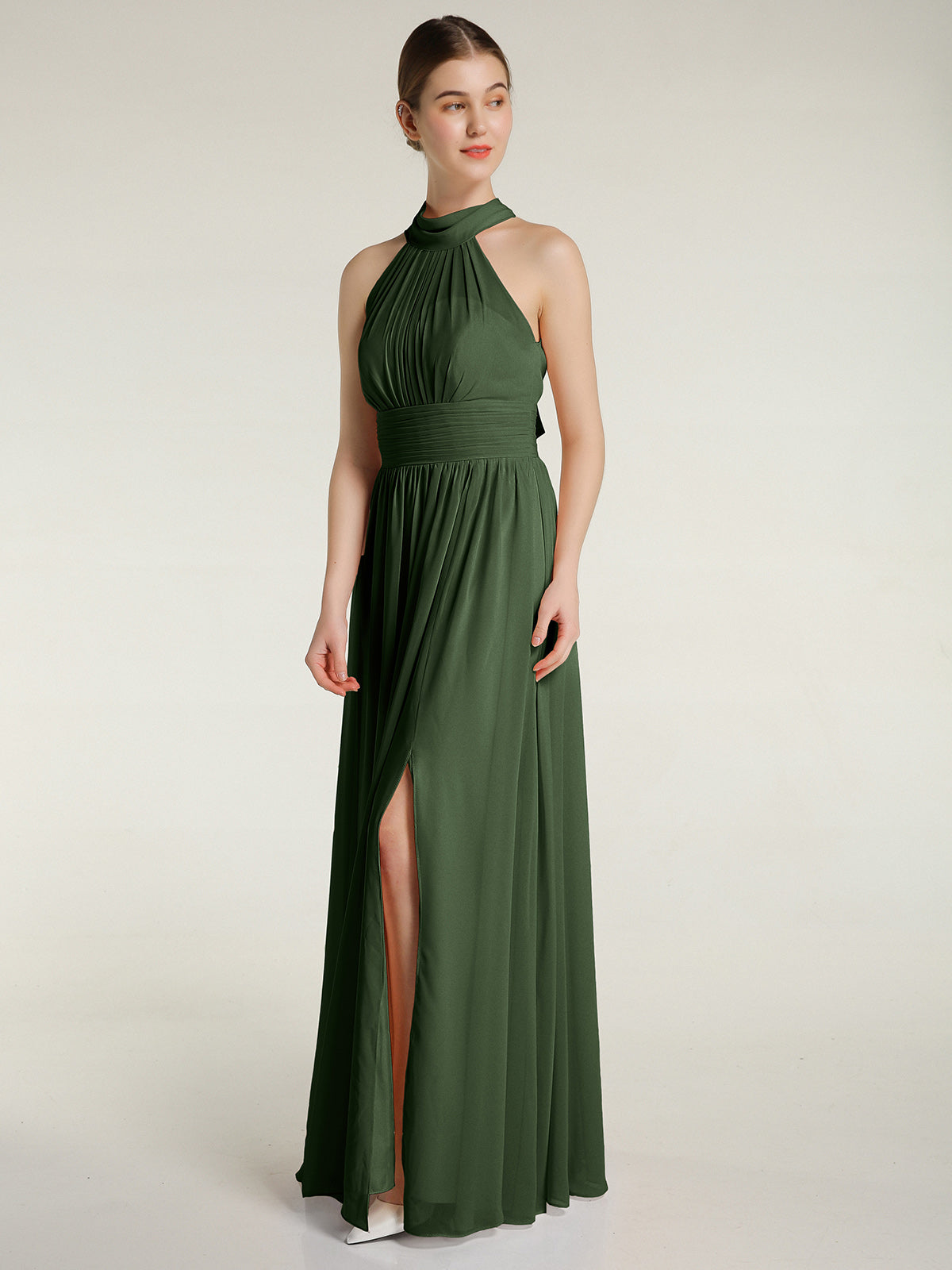 Vestidos de longitud completa con cuello alto y abertura Verde Oliva Tallas Grandes