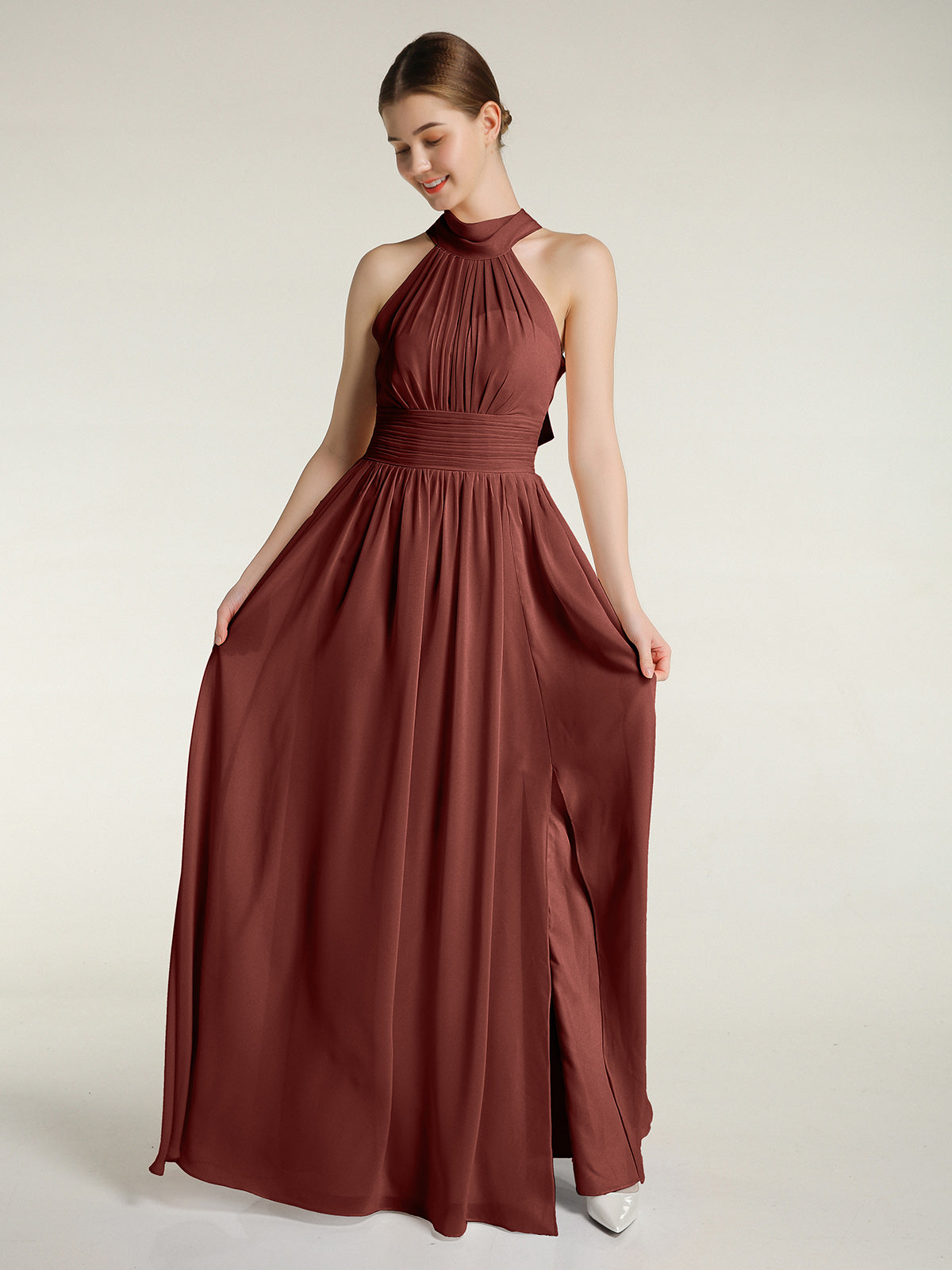 Vestidos de longitud completa con cuello alto y abertura Terracota