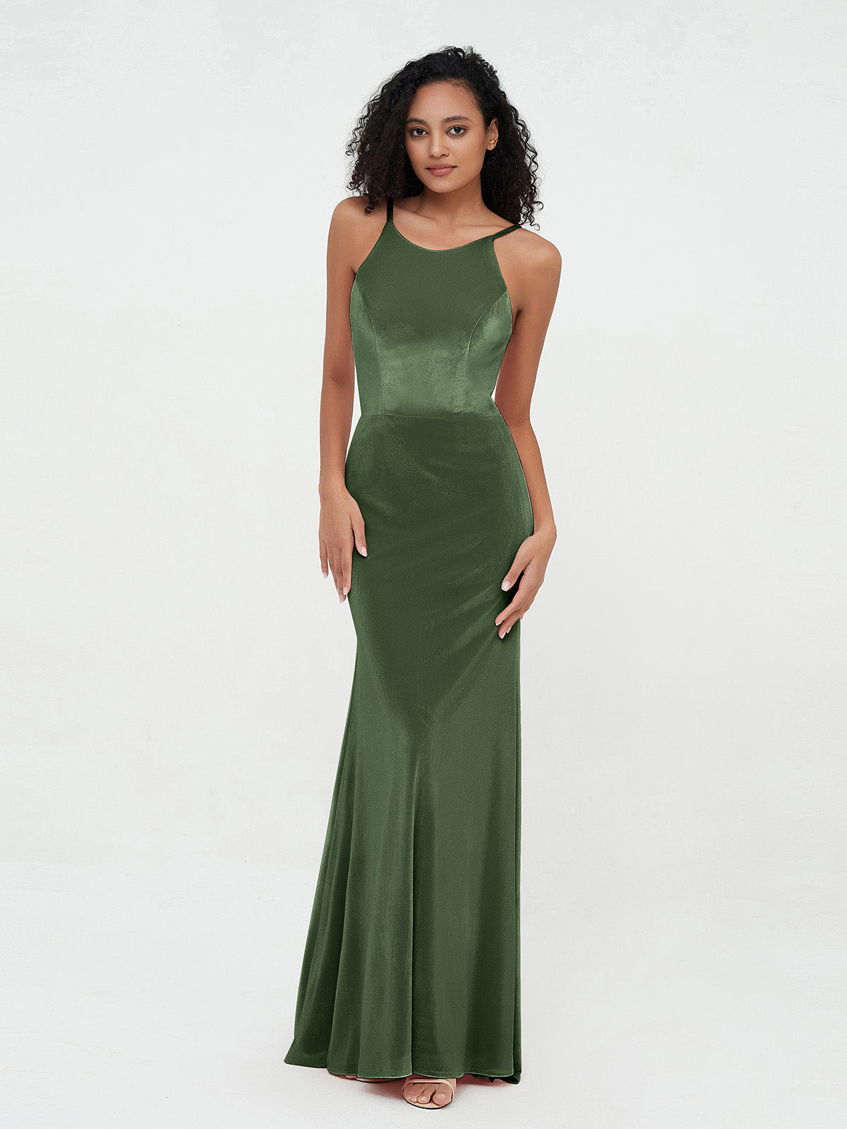 Vestidos de cuello redondo de terciopelo con cola de barrido Verde Oliva Tallas Grandes