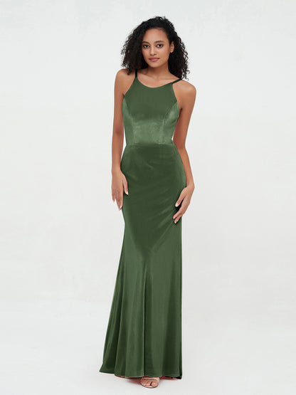 Vestidos de cuello redondo de terciopelo con cola de barrido Verde Oliva Tallas Grandes