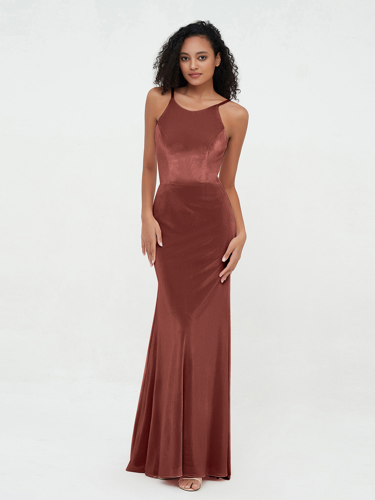 Vestidos de cuello redondo de terciopelo con cola de barrido Terracota Tallas Grandes