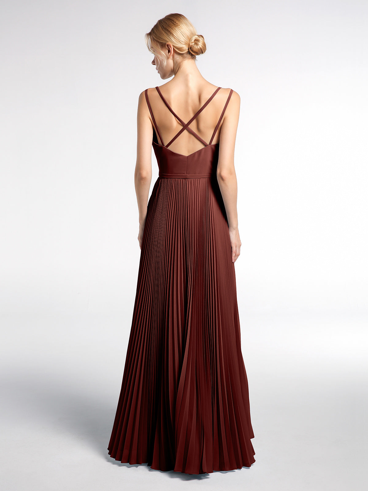 Vestido plisado de falda doble con tirantes y lazo Terracota Tallas Grandes