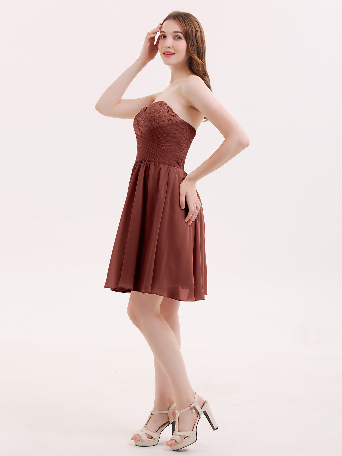 Belinda Sin Tirante Corto Gasa Vestido Con Novio Terracota