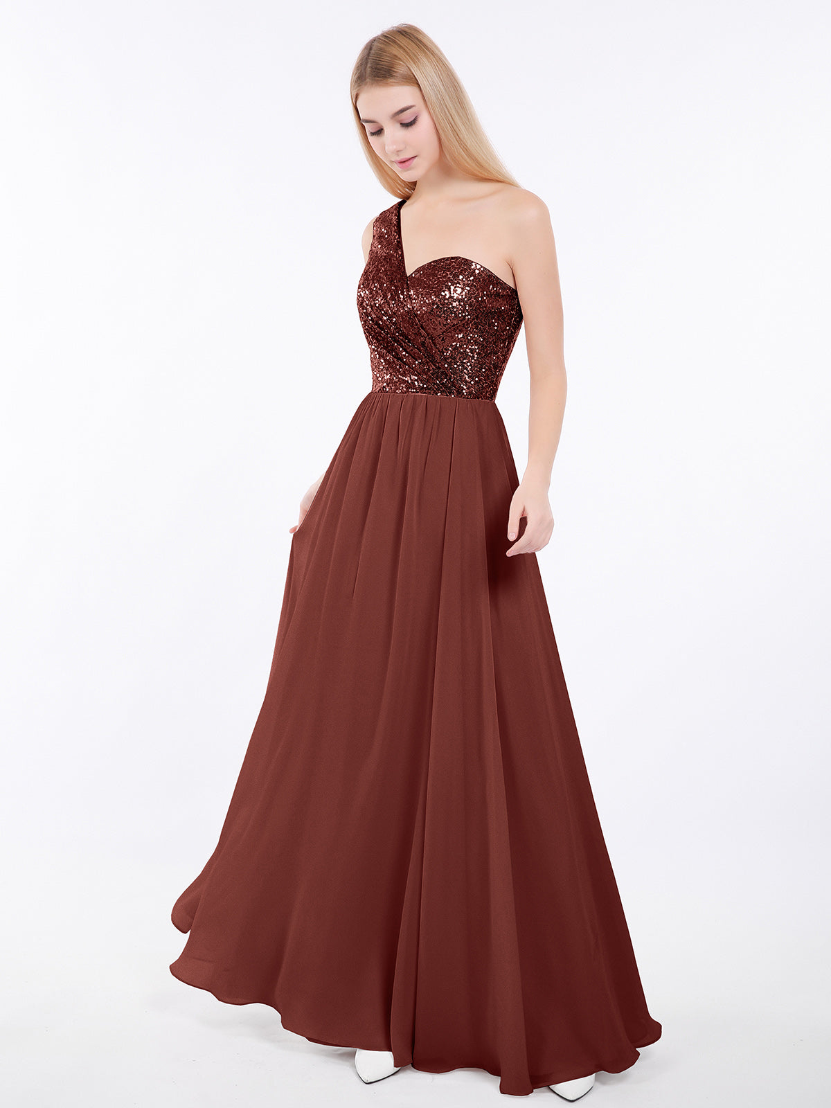 Belle Lentejuelas Corpino Gasa Falda Vestido Terracota