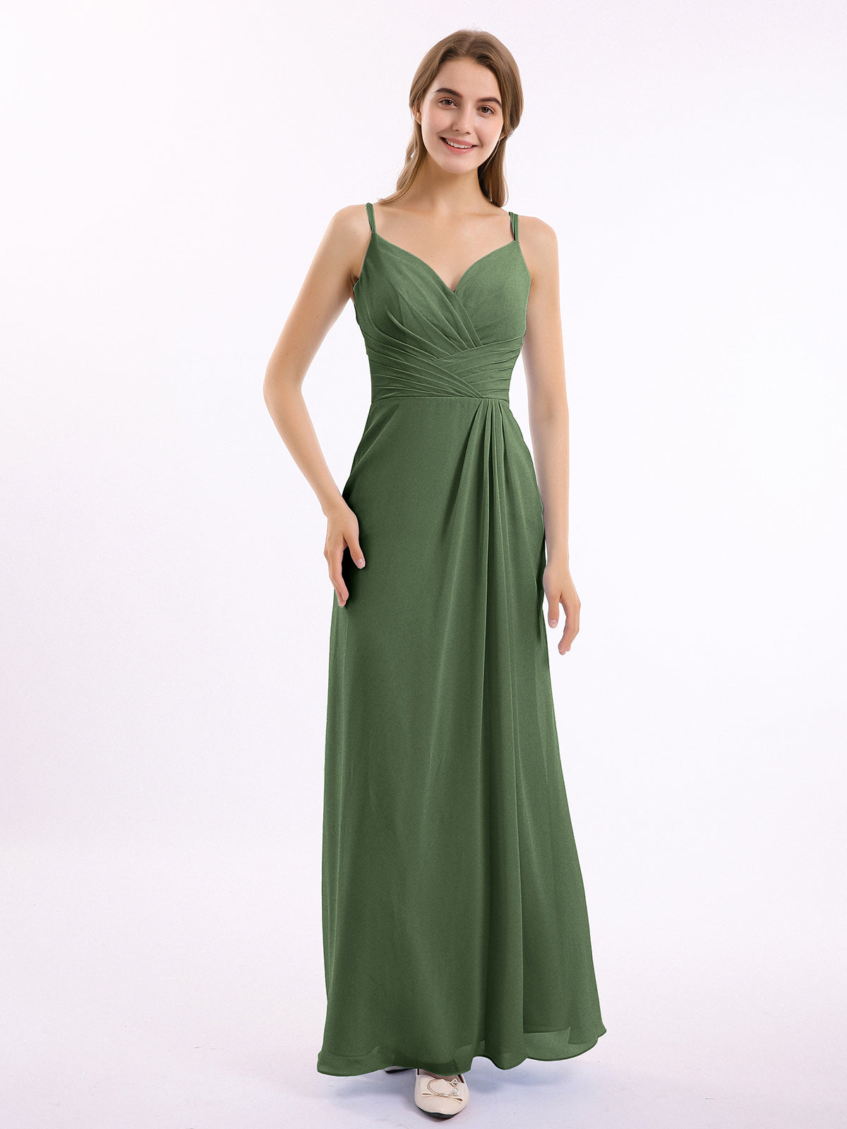 Vestido de chiffon con escote en corazón y doble tirante Verde Oliva Tallas Grandes