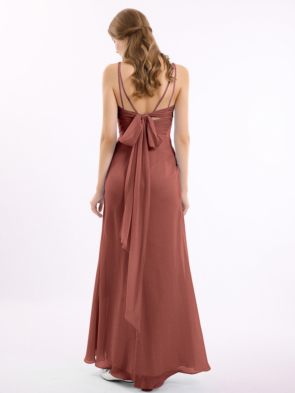 Vestido de chiffon con escote en corazón y doble tirante Terracota