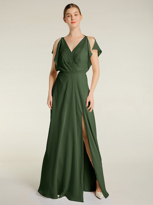 Vestidos maxi de chiffon con escote en V y abertura Verde Oliva