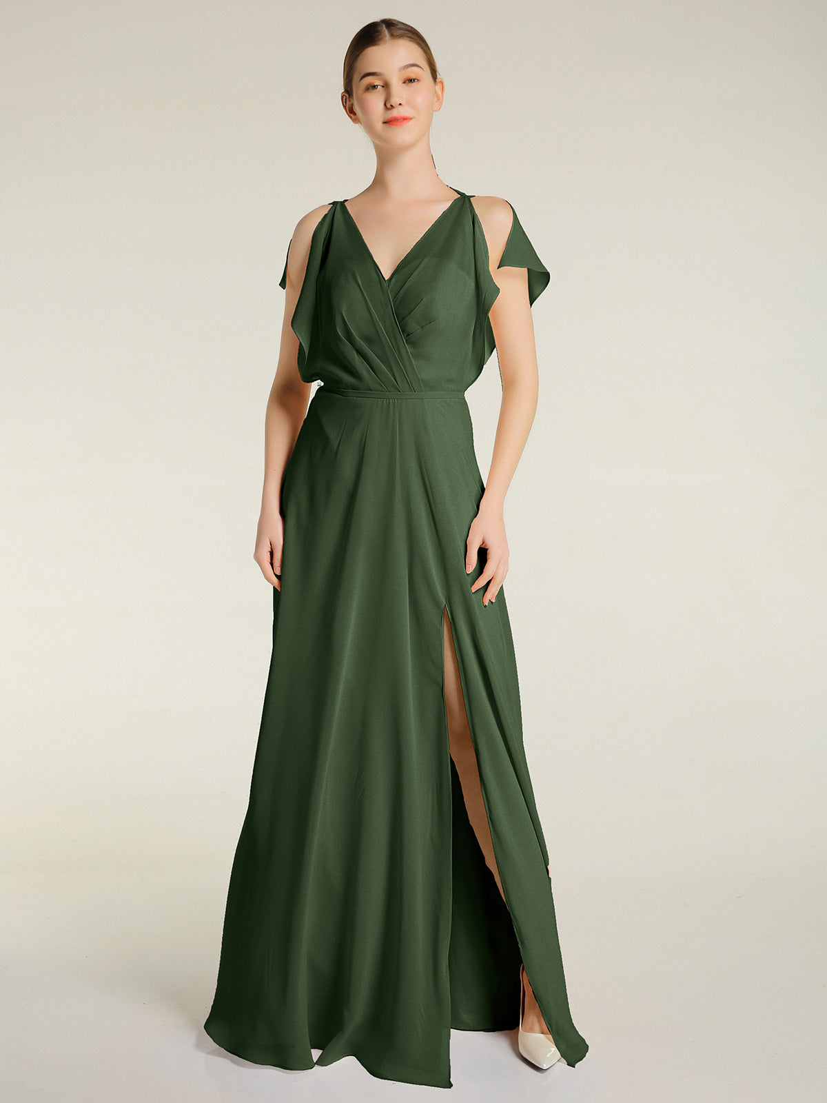 Vestidos maxi de chiffon con escote en V y abertura Verde Oliva Tallas Grandes